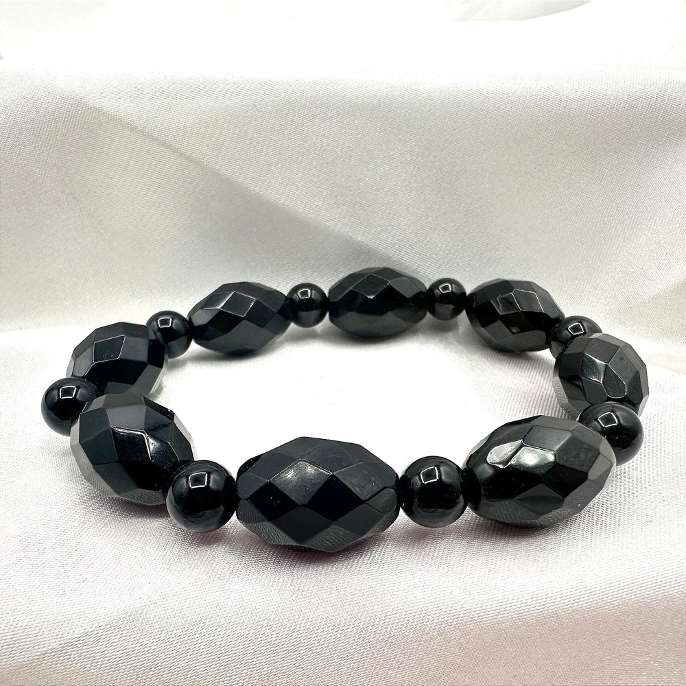 Vintage Y2K Black Faceted Glass Beaded Stretch Bracelet Classic Jewelry Retro